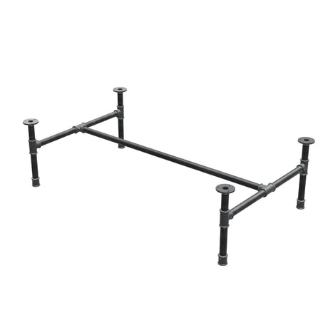 Estructura de mesa de centro industrial de hierro fundido, en H, 111 × 65 cm, altura 32 cm, vista tres cuartos