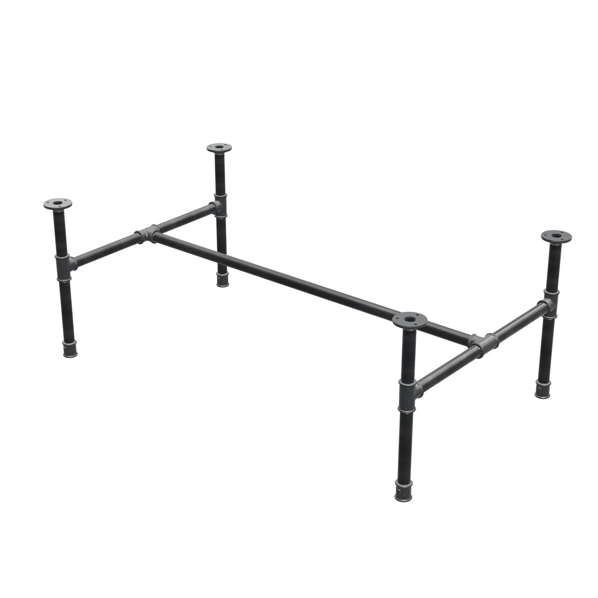Estructura de mesa de centro industrial de hierro fundido, en H, 111 × 65 cm, altura 42 cm, vista tres cuartos