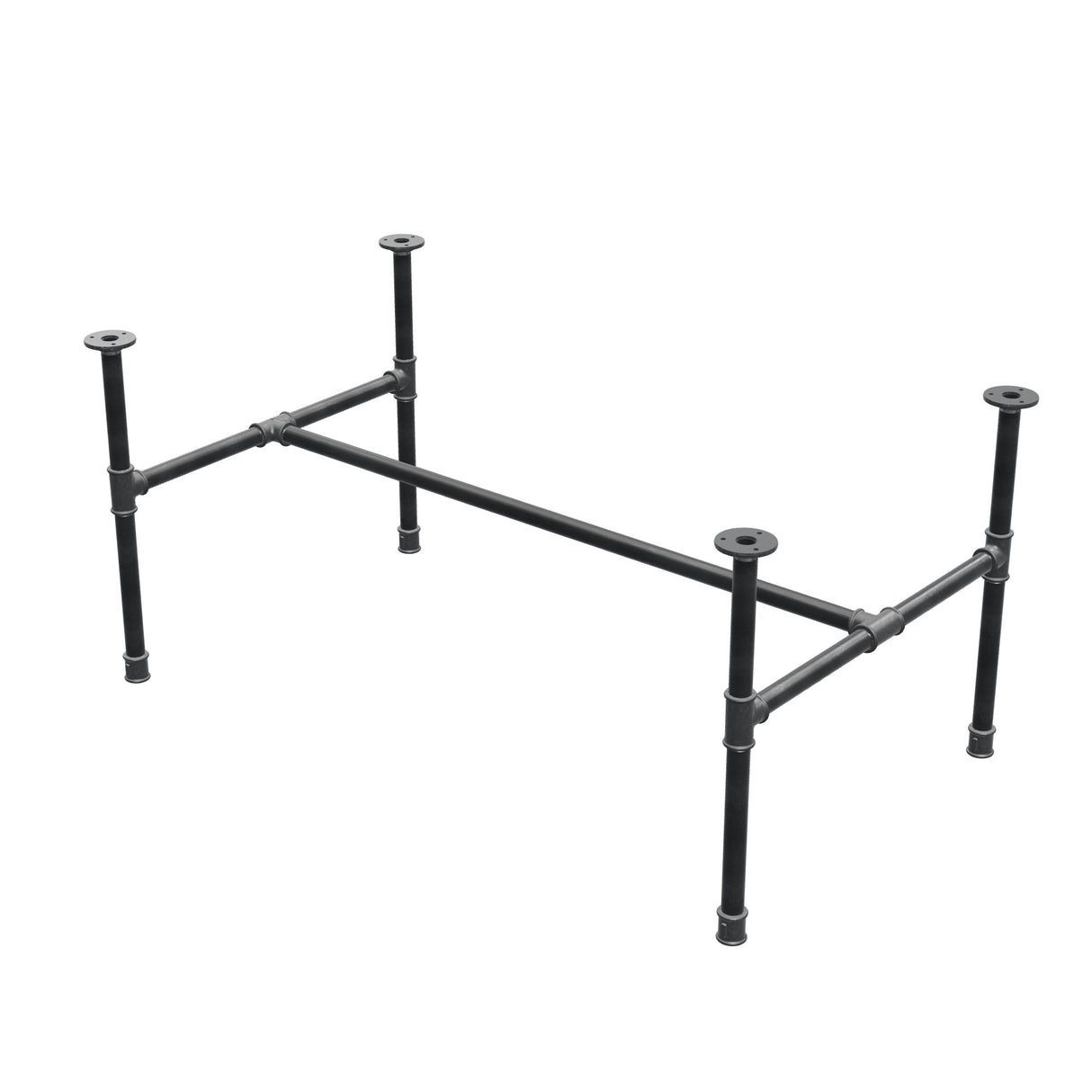 Estructura de mesa de centro industrial de hierro fundido, en H, 111 × 65 cm, altura 52 cm, vista tres cuartos