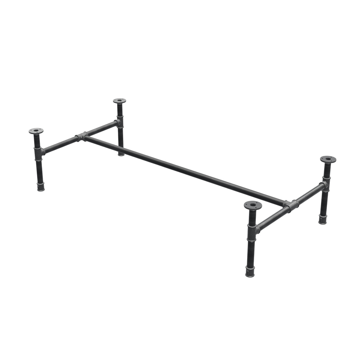 Estructura de mesa de centro industrial de hierro fundido, en H, 131 × 65 cm, altura 32 cm, vista tres cuartos