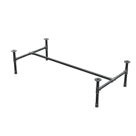 Estructura de mesa de centro industrial de hierro fundido, en H, 131 × 65 cm, altura 32 cm, vista tres cuartos