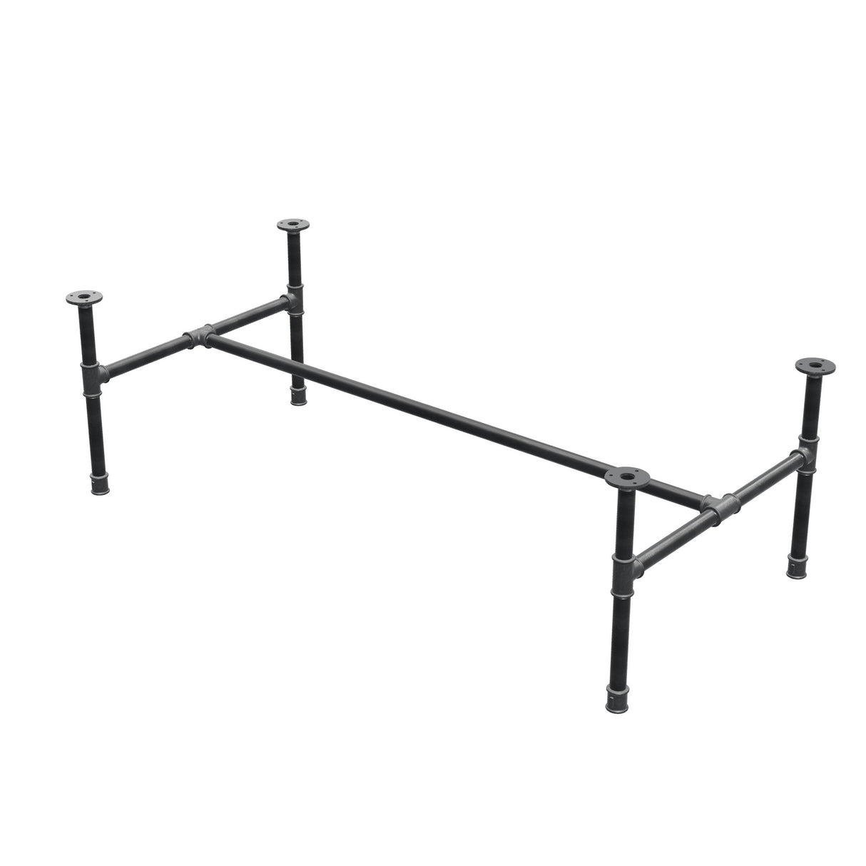 Estructura de mesa de centro industrial de hierro fundido, en H, 131 × 65 cm, altura 42 cm, vista tres cuartos