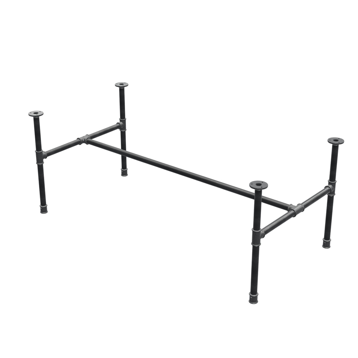 Estructura de mesa de centro industrial de hierro fundido, en H, 131 × 65 cm, altura 52 cm, vista tres cuartos