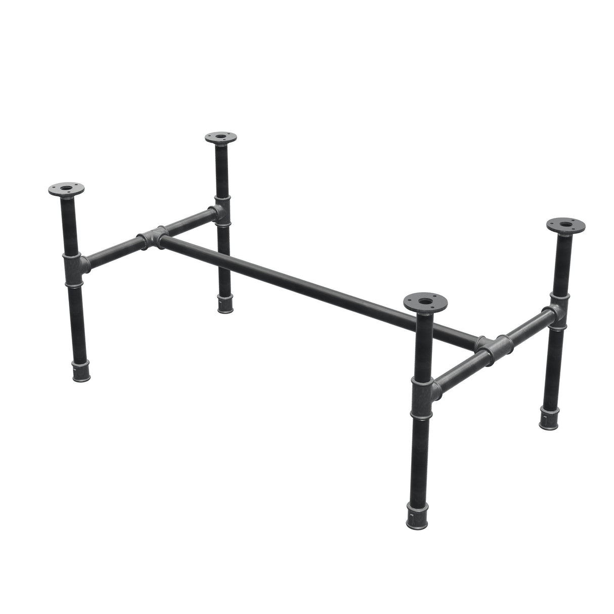 Estructura de mesa de centro industrial de hierro fundido, en H, 91 × 51 cm, altura 42 cm, vista tres cuartos