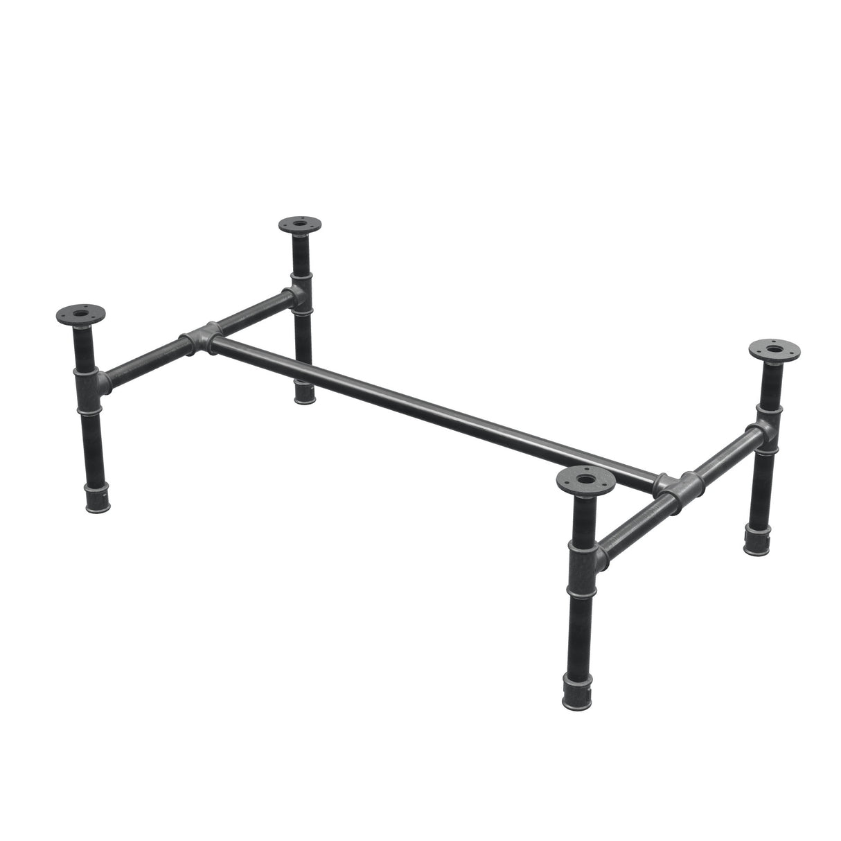 Estructura de mesa de centro industrial de hierro fundido, en H, 91 × 55 cm, altura 32 cm, vista tres cuartos