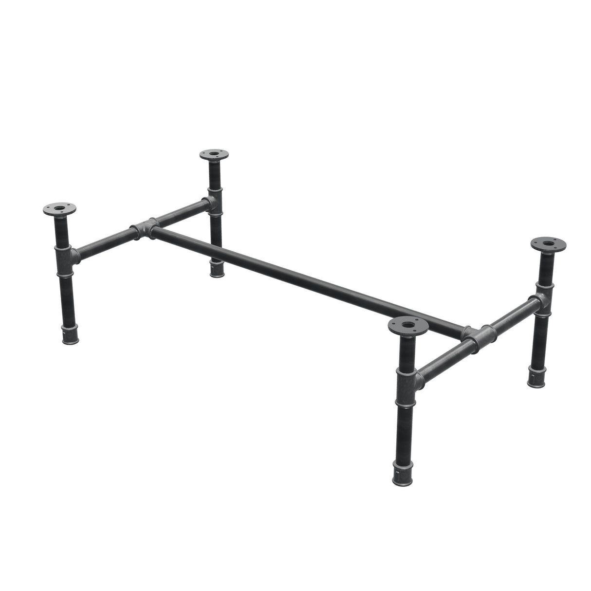 Estructura de mesa de centro industrial de hierro fundido, en H, 96 × 55 cm, altura 32 cm, vista tres cuartos