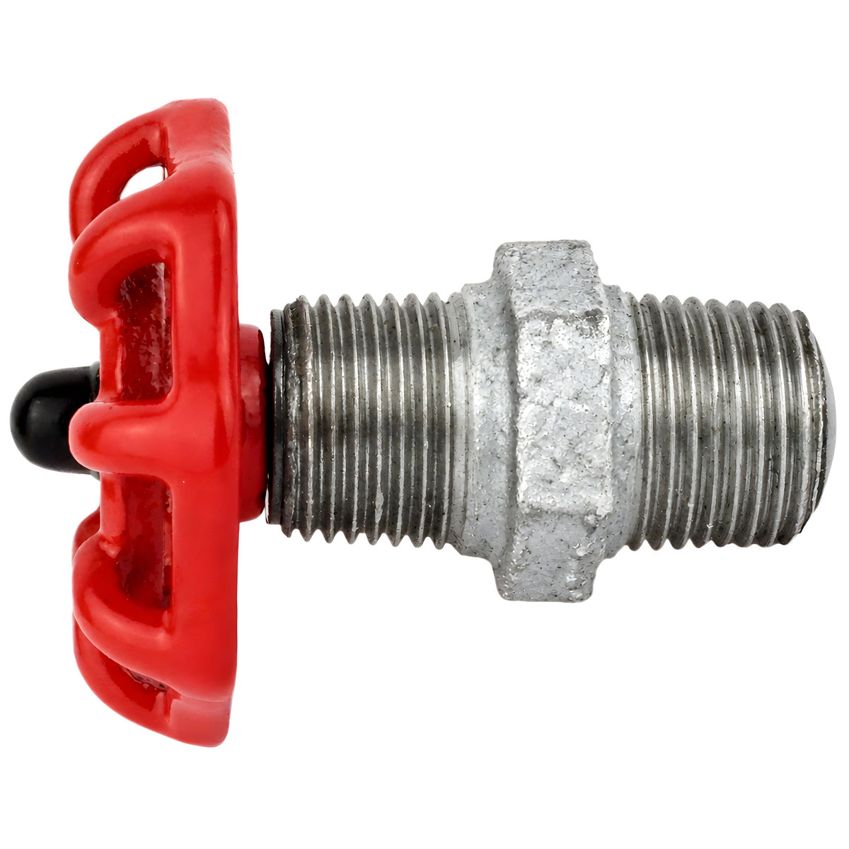 Volante rojo de 52 mm sobre niple, 1/2'' con tuerca negra, racor de hierro fundido galvanizado