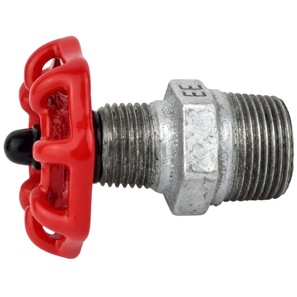 Volante rojo de 52 mm sobre niple, tuerca negra, racor de hierro fundido galvanizado