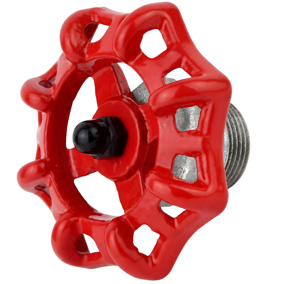 Volante rojo de 72 mm sobre medio niple, 1/2'' con tuerca negra, racor de hierro fundido galvanizado
