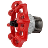 Volante rojo de 72 mm sobre medio niple, tuerca negra, racor de hierro fundido galvanizado