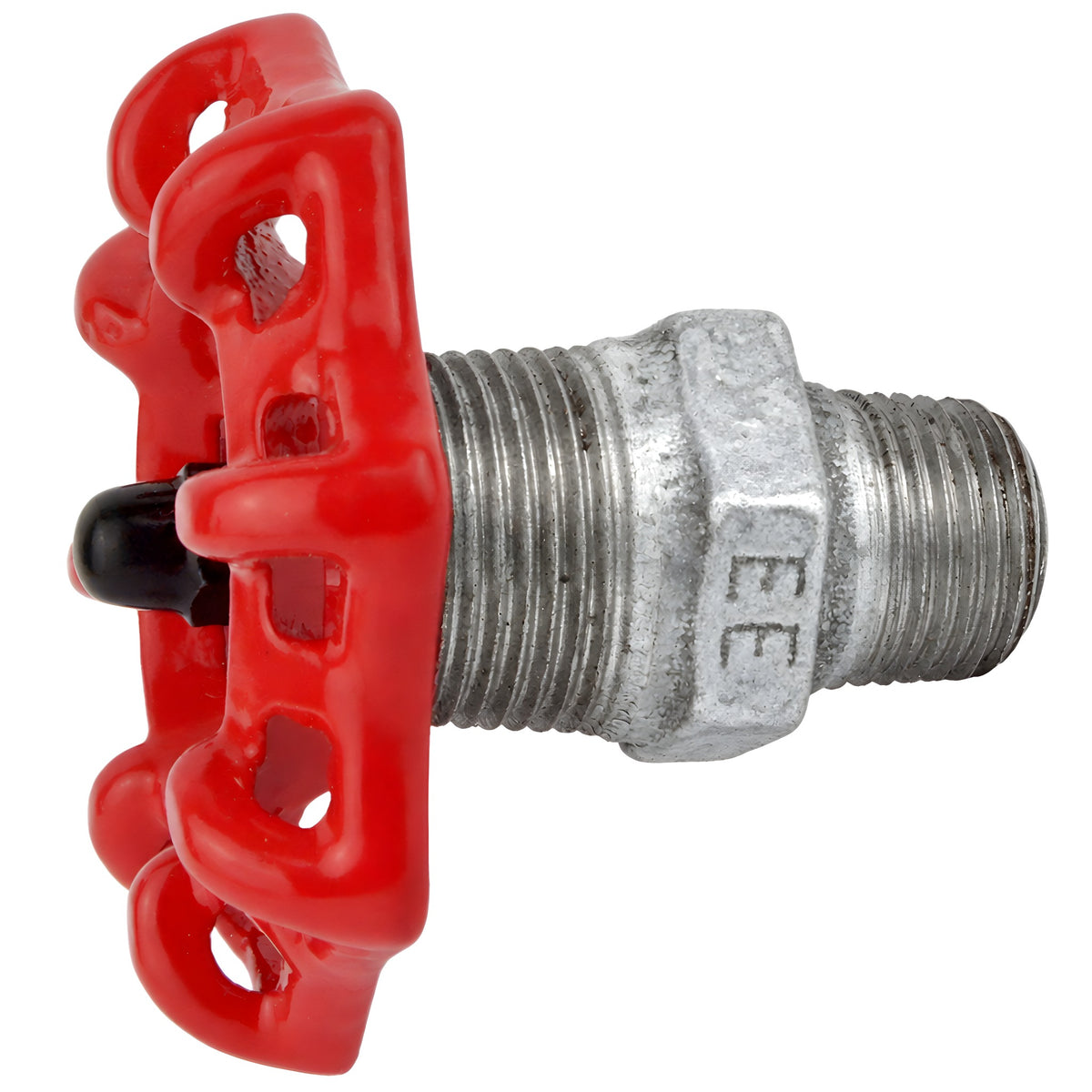 Volante rojo de 72 mm sobre niple, 1/2'' con tuerca negra, racor de hierro fundido galvanizado